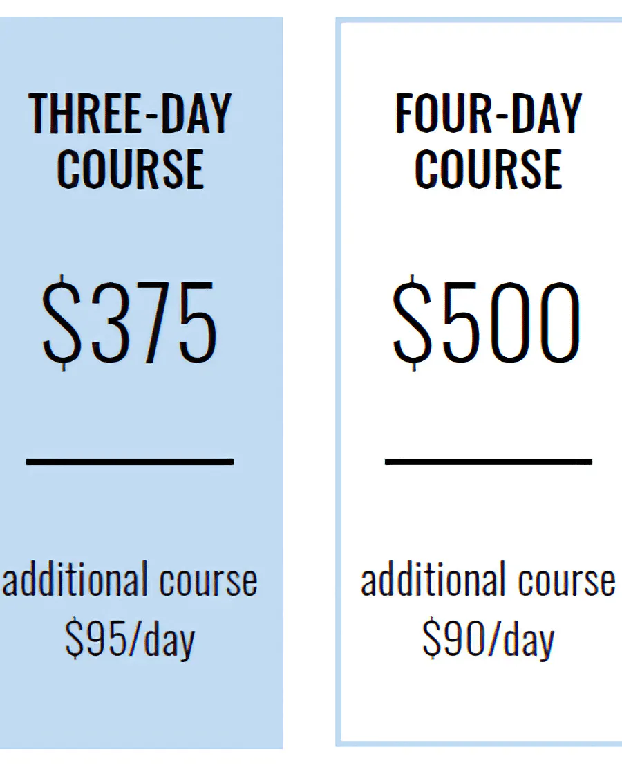 This image is a cost schedule for the TCSI 2024. A single-day course is $125. A two-day course is $250 with an additional course equaling $100 per day. A three-day course is $375 with an additional course equaling $95 per day. A four-day course is $500 with an additional course equaling $90 per day. A five-day course is $625 with an additional course equaling $85 per day.The TTCT workshop is $800.