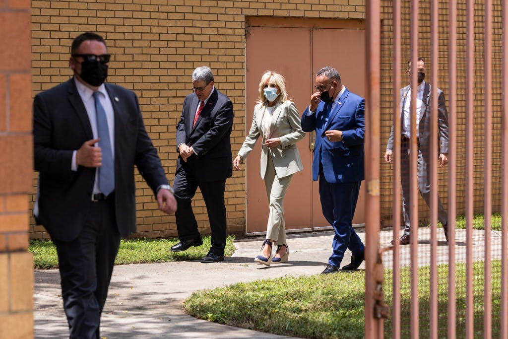 First Lady Jill Biden and U.S. Secretary of Education Miguel Cardona visit the Horizons summer learning program with UGA President Jere W. Morehead.