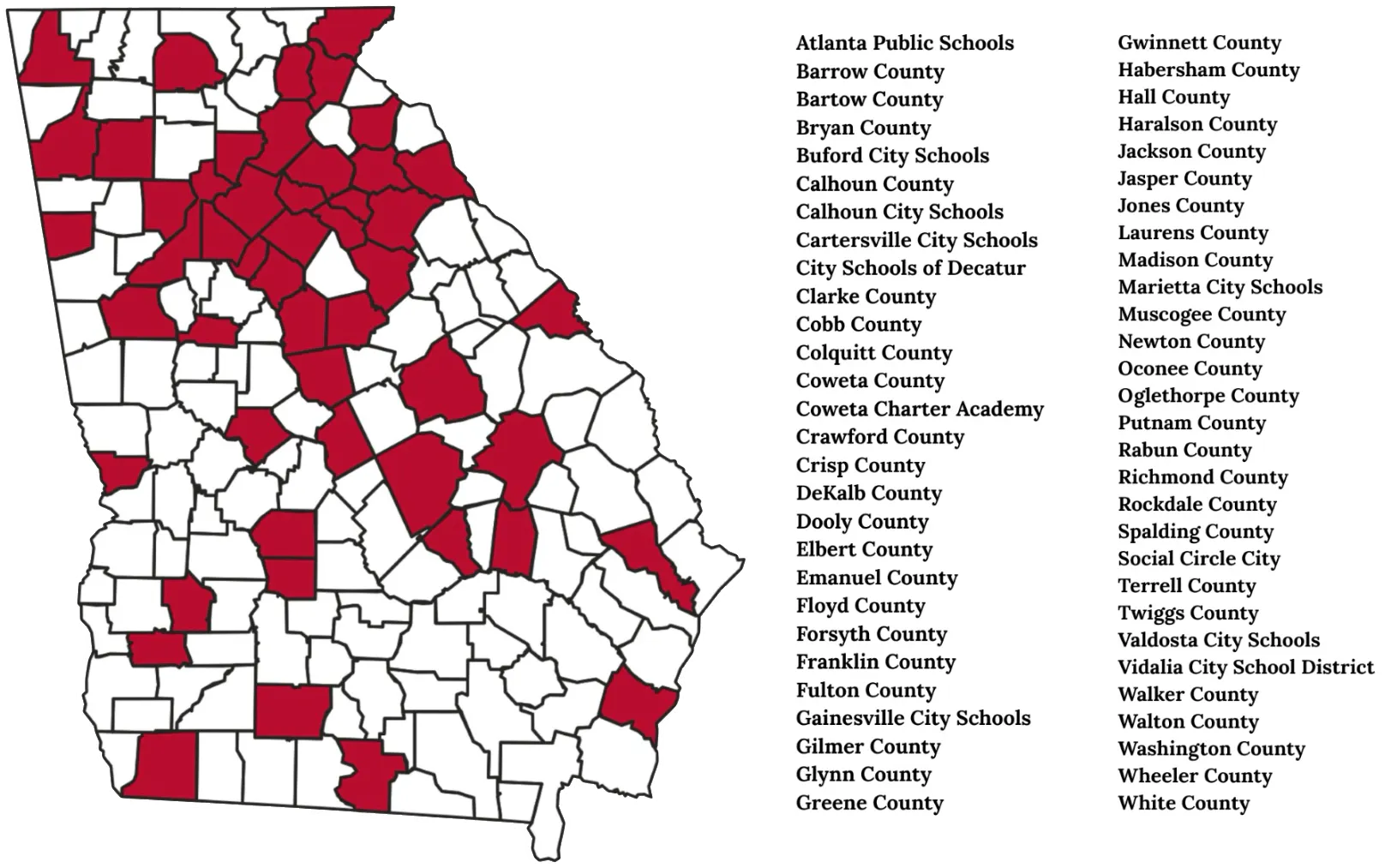 Outreach in Georgia School Districts map: a map of the state of Georgia with counties who have educators who have participated in our IC Foundational Institutes since 2014 filled in with red. Beside it are all the school district’s names.