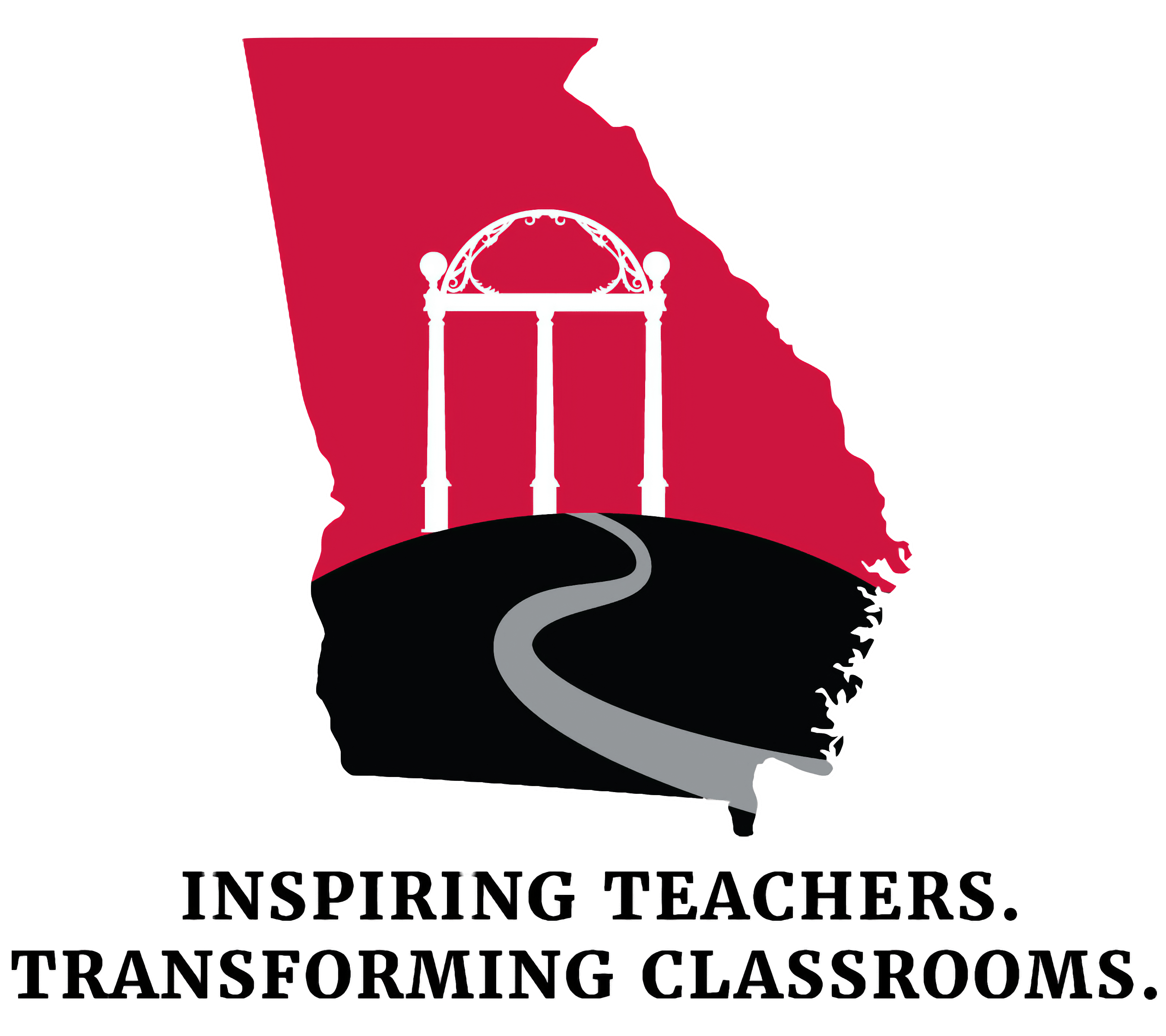 Graphic of the state of Georgia with a path through the state, ending at the UGA arches. Underneath are the words: &ldquo;Inspiring teachers. Transforming classrooms.&rdquo;